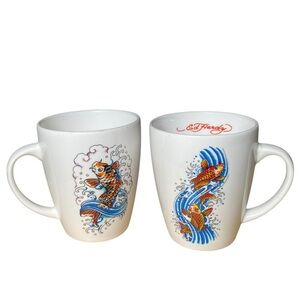 Ed Hardy Koi Fish Bright Colorful Graphic Coffee Tea Cup Mug Set of 2